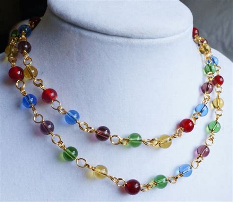 Wire Wrapped Multi Color Bead Necklace Multi Color Glass Etsy