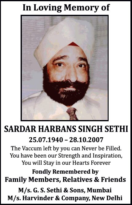 Harbans Singh Sethi Obituary Ad Advert Gallery