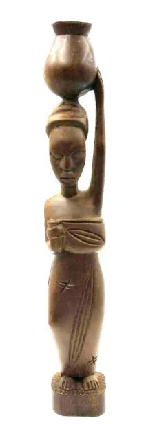 Hand Carved Wood Sculpture African Tribal Women Carrying Water 15