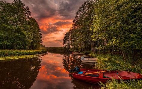 River Boats Forest Sunset Landscape Wallpaper 2560x1600 156986