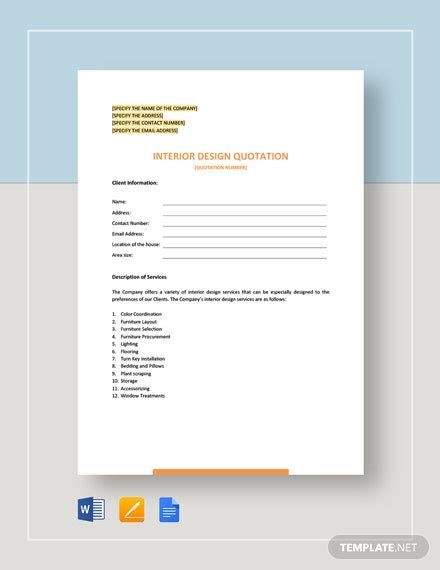 With a clear design concept we do a detailed quotation and/or cost analysis. Interior Design Quotation Template - Word (DOC) | Apple ...
