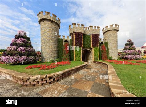 Miracle Garden And Castle Architecture In Sunset Light Dubai United