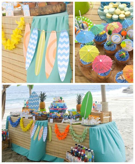 An Image Of A Beach Party With Cupcakes And Desserts On The Table
