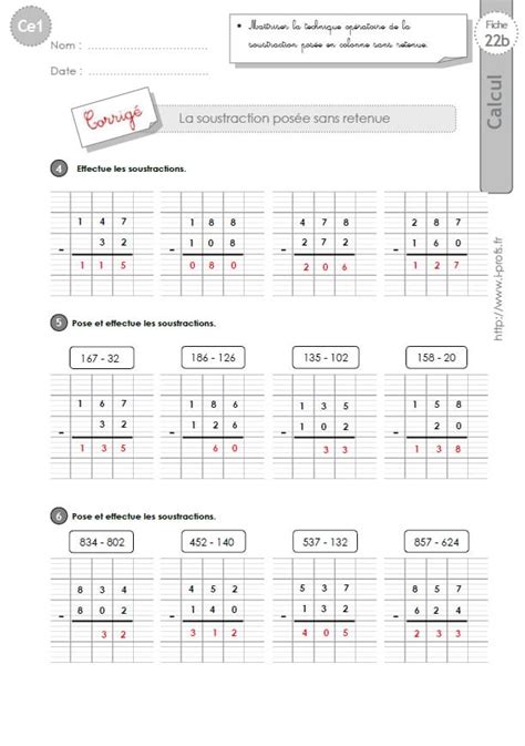 Ce soir partage d'une nouvelle leçon sur la soustraction posée avec retenue en utilisant la méthode traditionnelle (compensation des écarts)et la méthode par catégories calcul, mathématiques ce1•mots clés affichages sur la soustraction, expliquer la soustraction à un ce1, leçon sur la. CE1-cycle2 EXERCICES CORRIGES: La soustraction posée sans ...
