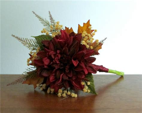 Made with silk roses in ivory, soft pink/peach and marsala/burgundy and greenery, finished with a burlap and lace wrap. Single Large Burgundy Red Dahlia Silk Flower Bouquet ...
