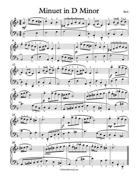 Free Piano Sheet Music Minuet In D Minor Bach 1 Page Version