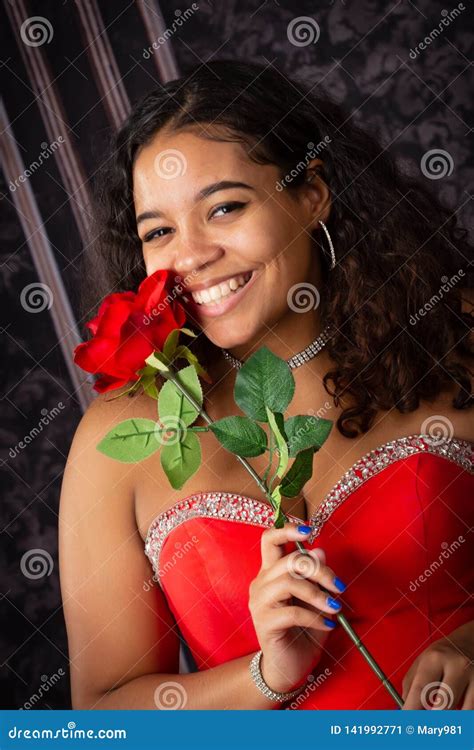 Beautiful Biracial High School Senior Wearing Red Prom Dress Stock Image Image Of Girl