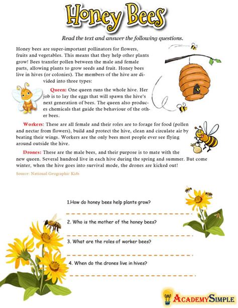 English Reading Skills Reading Comprehension Worksheet Honey Bees