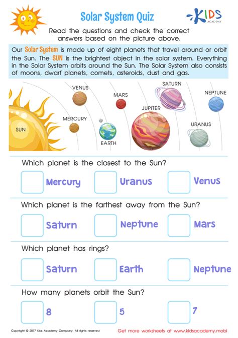 Solar System Quiz Printable Downloadable Worksheet For Kids