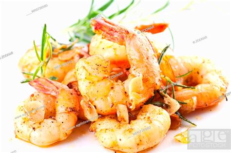 Fried Black Tiger Prawns With Herbs And Spices Stock Photo Picture