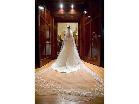 Ball Gown With Cathedral Length Veil Long Train Wedding Dress