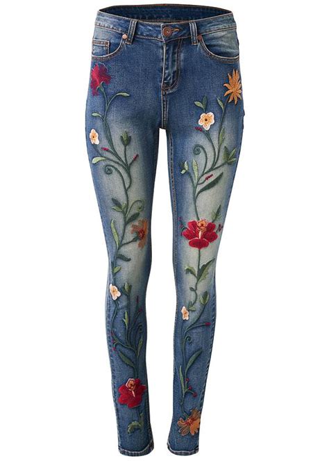 Floral Embroidered Skinny Jeans In Medium Wash Denim Venus