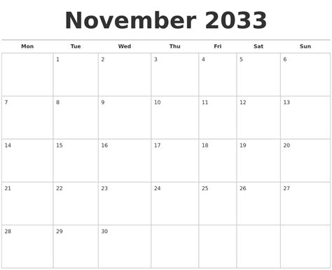November 2033 Calendars Free