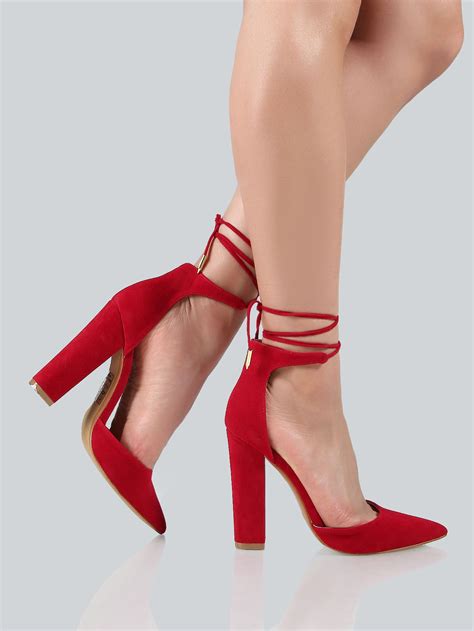 Shop Ankle Wrap Closed Toe Heels Red Online Shein Offers Ankle Wrap
