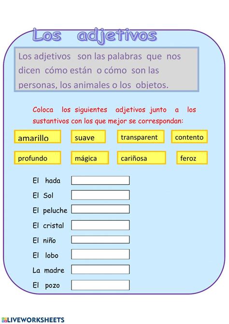 A Computer Screen With The Words Los Adjettivos In Spanish And English