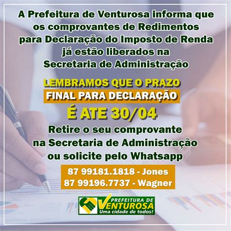 Prefeitura De Venturosa Disponibiliza Comprovantes De Rendimentos Para O Imposto De Renda Dos
