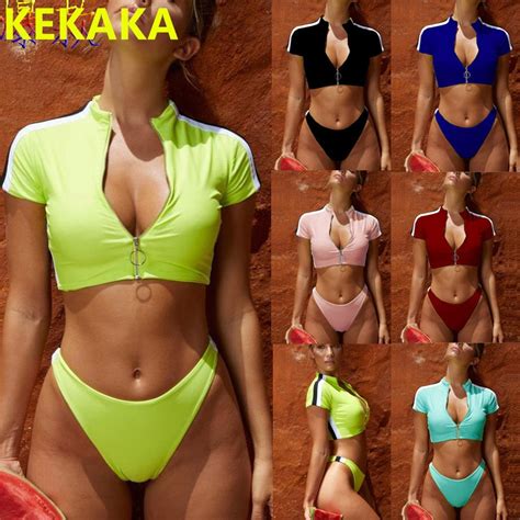 Kekaka Sexy Neon Green Front Zipper Bikinis Women 2019 Short Sleeve Swimwear Swimsuit High Wait