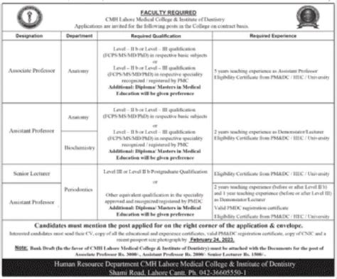 Faculty Required At Cmh Lahore Medical College Job Advertisement