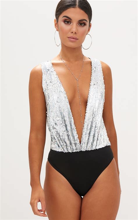 Silver Sequin Plunge Mesh Thong Bodysuit Tops Prettylittlething
