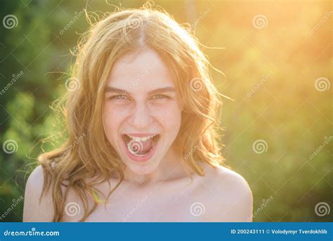 Excited Teenagers Face Close Up Hipster Teen Girl Face With Open Mouth