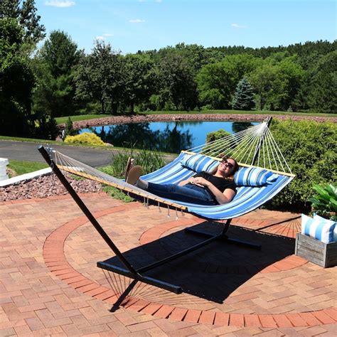 Sunnydaze Decor Double Hammock With Stand And Pillow Blue Polyester