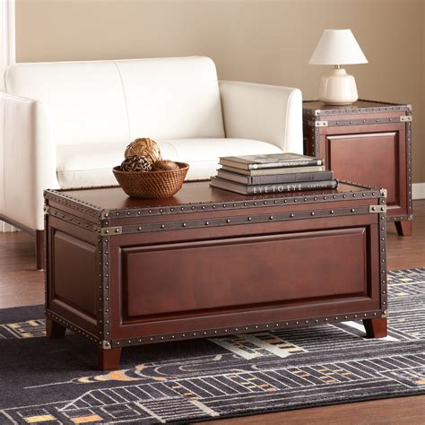Coffee Table With Storage Trunk Chest Hidden Bin Leather Wood Cherry