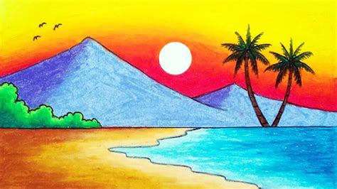 How To Draw Beautiful Sunset In The Beach Easy Sunset Scenery Drawing