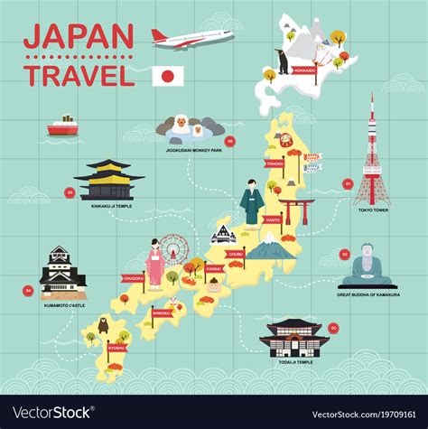 Regions list of japan with. Japan landmark icons map for traveling Royalty Free Vector