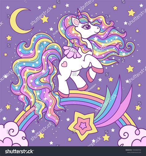 Cute Cartoon White Unicorn On Rainbow Stock Vector Royalty Free
