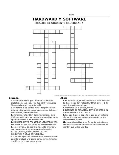 Crucigrama Realizado En Theteachercorner De Hardward Y Software