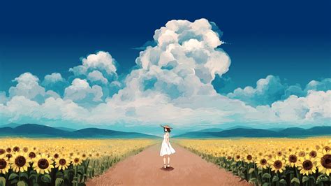 Anime Girls Dress Sunflowers Clouds Looking Back