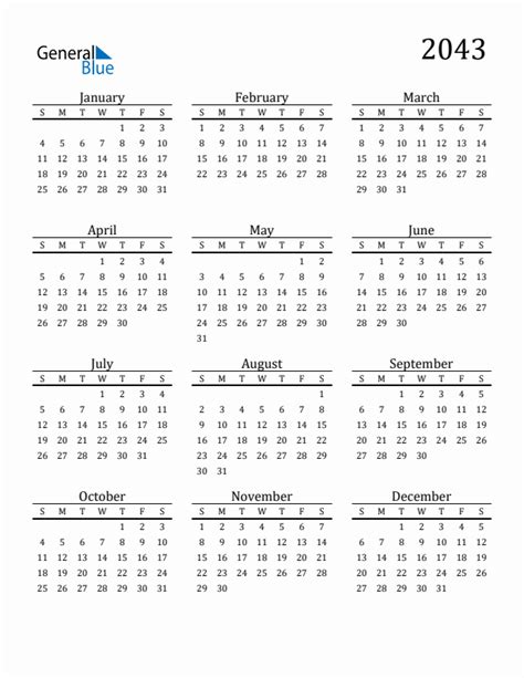 Free 2043 Calendars In Pdf Word Excel