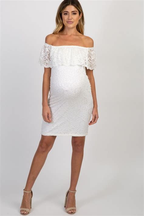 White Lace Off Shoulder Fitted Maternity Dress White Lace Maternity