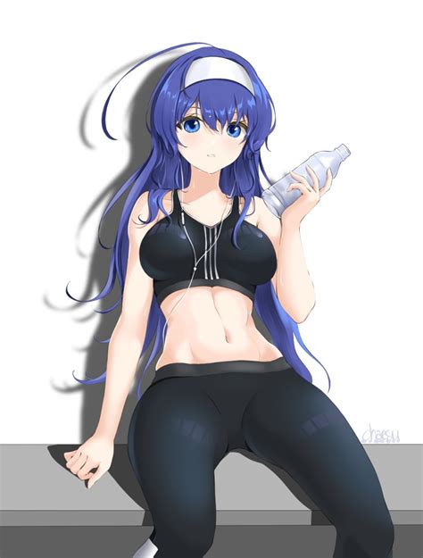 safebooru 1girl against wall blue eyes blue hair bottle breasts cable chaesu earphones