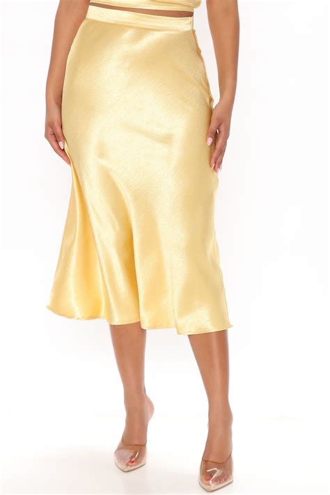 feeling romantic satin midi skirt yellow in 2022 satin midi skirt fashion midi skirt