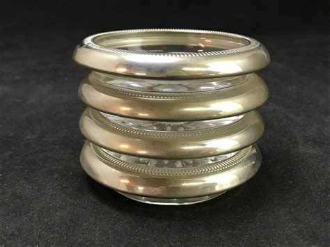 4 Vintage Crown Sterling Silver Rimmed Glass Mid Century Drink Coasters