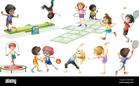 Los Niños Haciendo Diferentes Deportes Y Juegos Ilustración Imagen