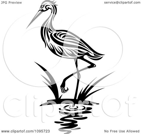 Clipart Black And White Wading Heron Royalty Free Vector Illustration