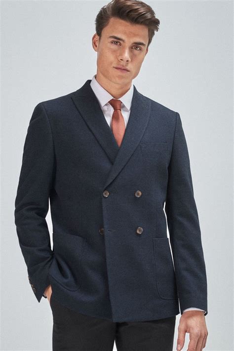 Mens Next Navy Double Breasted Slim Fit Textured Blazer Blue In