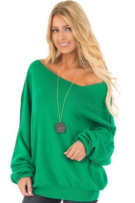 Kelly Green Bare Shoulder Long Sleeve Sweater Sweaters For Women Boutique Clothing Long