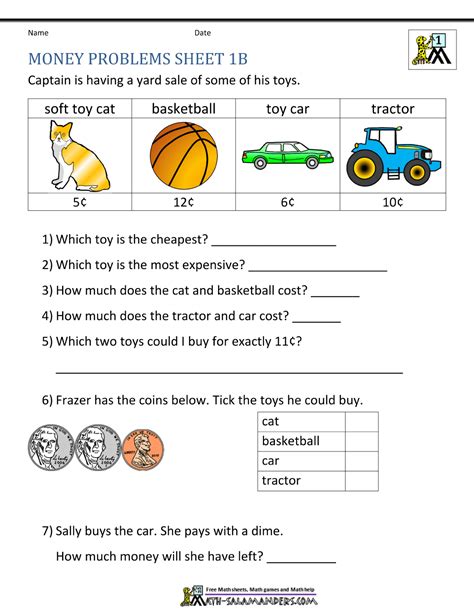 Money Worksheets For First Graders Printable Word Searches