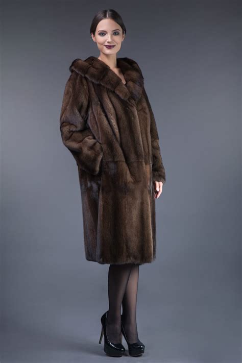 Natural Brown Mink Fur Hooded Coat Tied With Belt Handmade By Nordfur