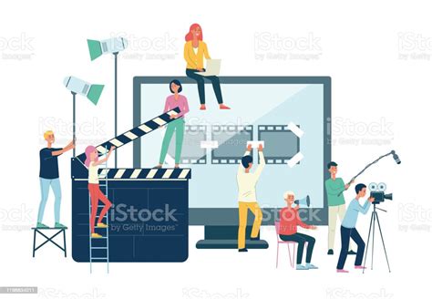 Movie Production Crew Banner Cartoon People With Giant Cinema Equipment