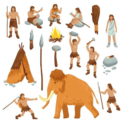 手绘风格原始社会猛犸象和狩猎的原始人图片免抠素材 设计盒子