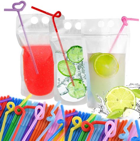 100 Pcs Drink Pouches With Straws Freezable Drink Bags Juice Pouches Reclosable