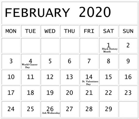 Free Printable February 2020 Holidays Calendar Template