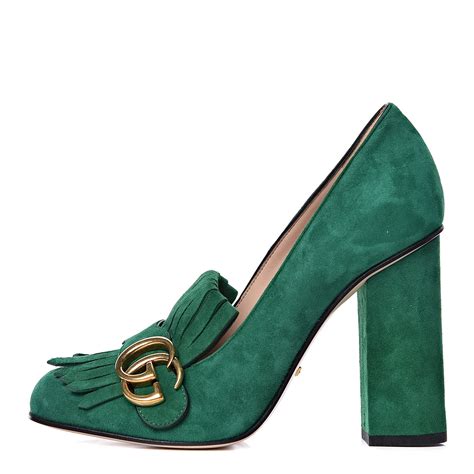 Gucci Suede Gg Marmont Fringe High Heel Loafer Pumps 37 Emerald 426294