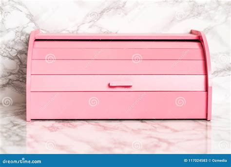 Pink Wooden Bread Box On White Marble Background Stock Image Image Of