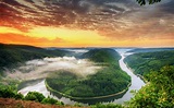 Germany scenery, Saarland, the river bend, mountains, sunset, orange ...