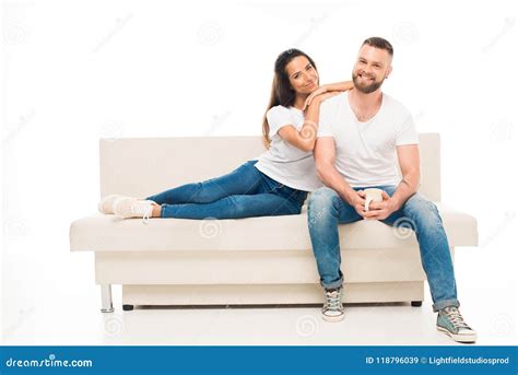 Young Attractive Couple Sitting On Couch Stock Image Image Of Couch